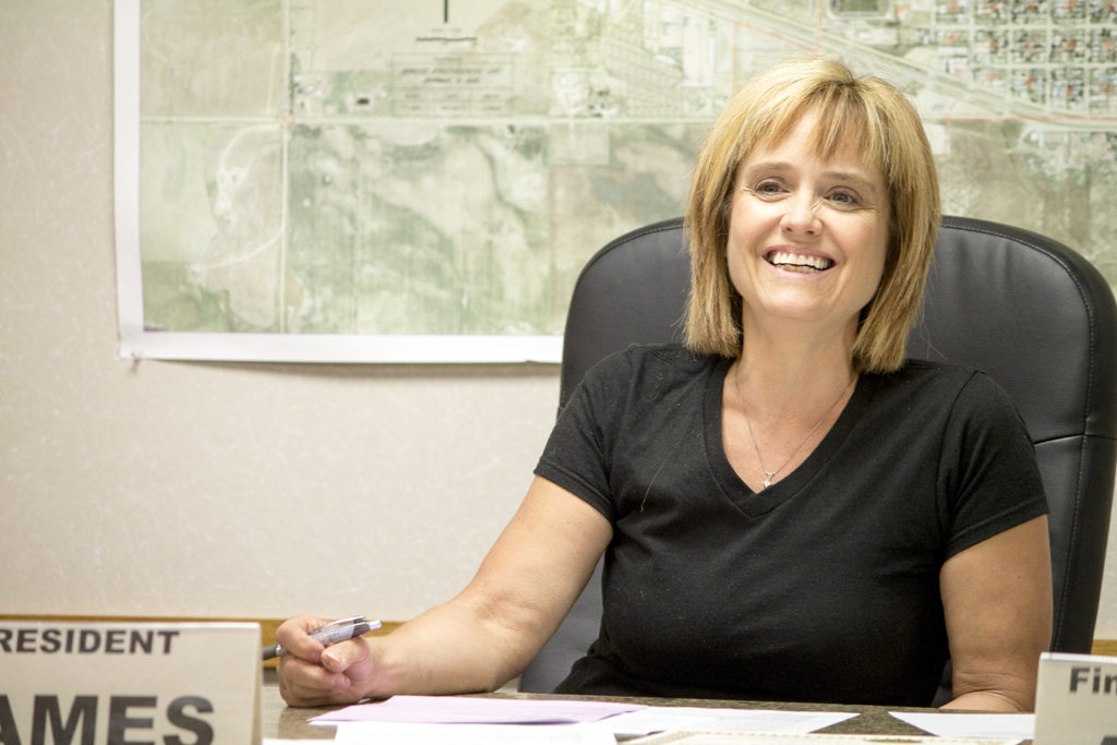 Bowman City Commission President Lyn James congratulates the library’s successful fundraising during the June 28 regular city meeting. (Pioneer Photo by Bryce Martin)
