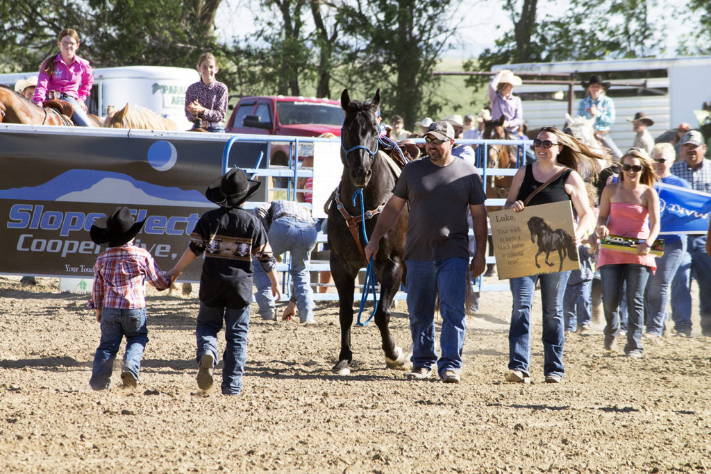 Four-year-old Luke Kilzer, who was diagnosed with acute lymphoblastic leukemia in 2015, walks hand-in-hand with his brother to greet his new Black Daddy horse during a surprise wish granting June 17 at Bowman’s Dakota Winds Arena. He is greeted by a group of friends, family and Make-A-Wish volunteers that helped make his wish come true. (Pioneer Photo by Bryce Martin)
