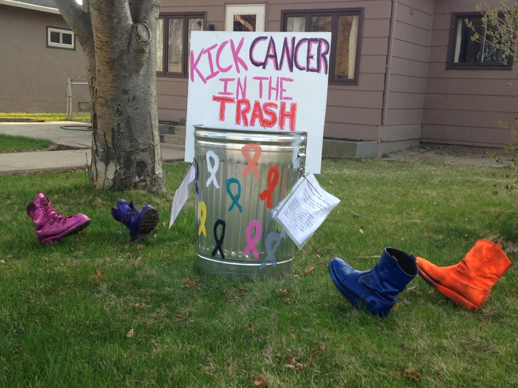 The "Kick cancer in the trash" fundraising garbage can has been circulating through Bowman. (Pioneer Photo by Bryce Martin)